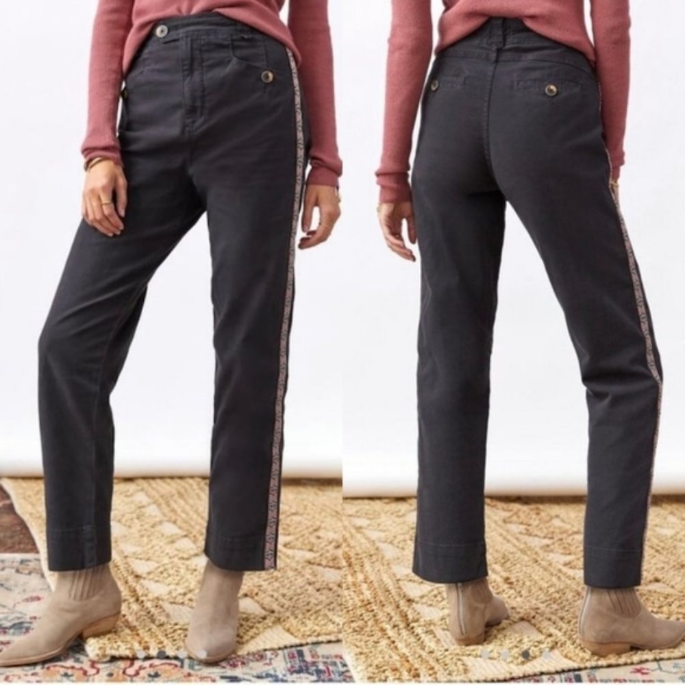 Anthropologie Charcoal Cropped Pants with Embroidered Side Stripe